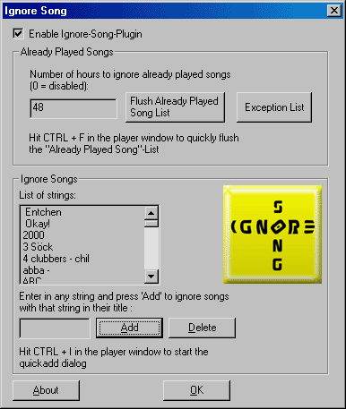 Ignore Song - General plugin for winamp2 (now ver 1.11).