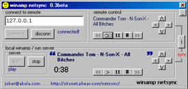 winamp netsync 0.3b - Synchronize 2 winamps over a network, also can be used as a remote control, you get a "virtual" winamp of remote side