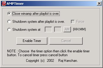 WinAMPTimer - Closes Winamp or Shutdown the system after playlist is over or at specified time.